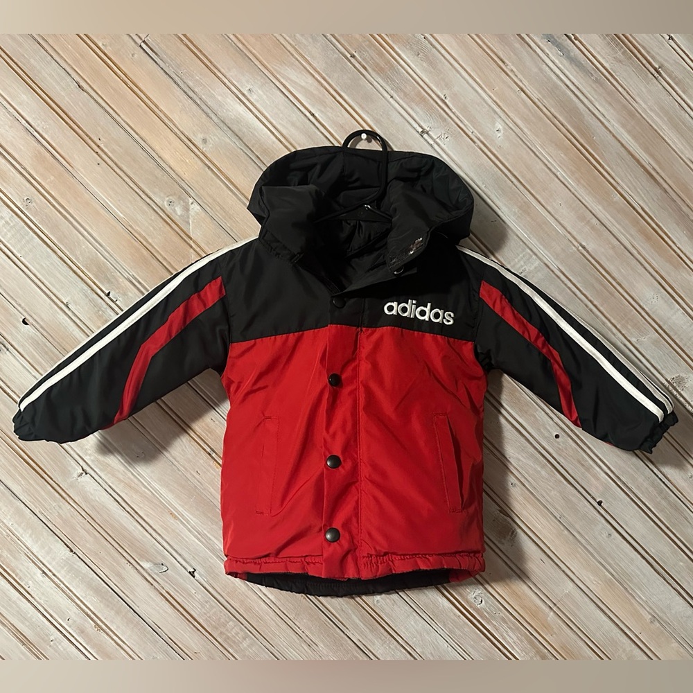 Adidas Kids Reversible Puffer Jacket in Red White Black Zipper Button
